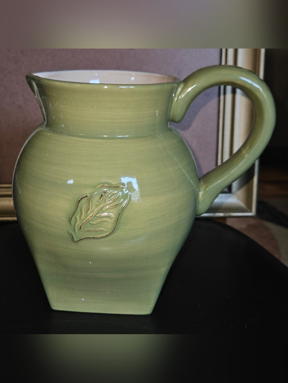 Vtg Tastefully Simple Host Collection Green Leaf 2 Qt Heavy Stoneware Pitcher